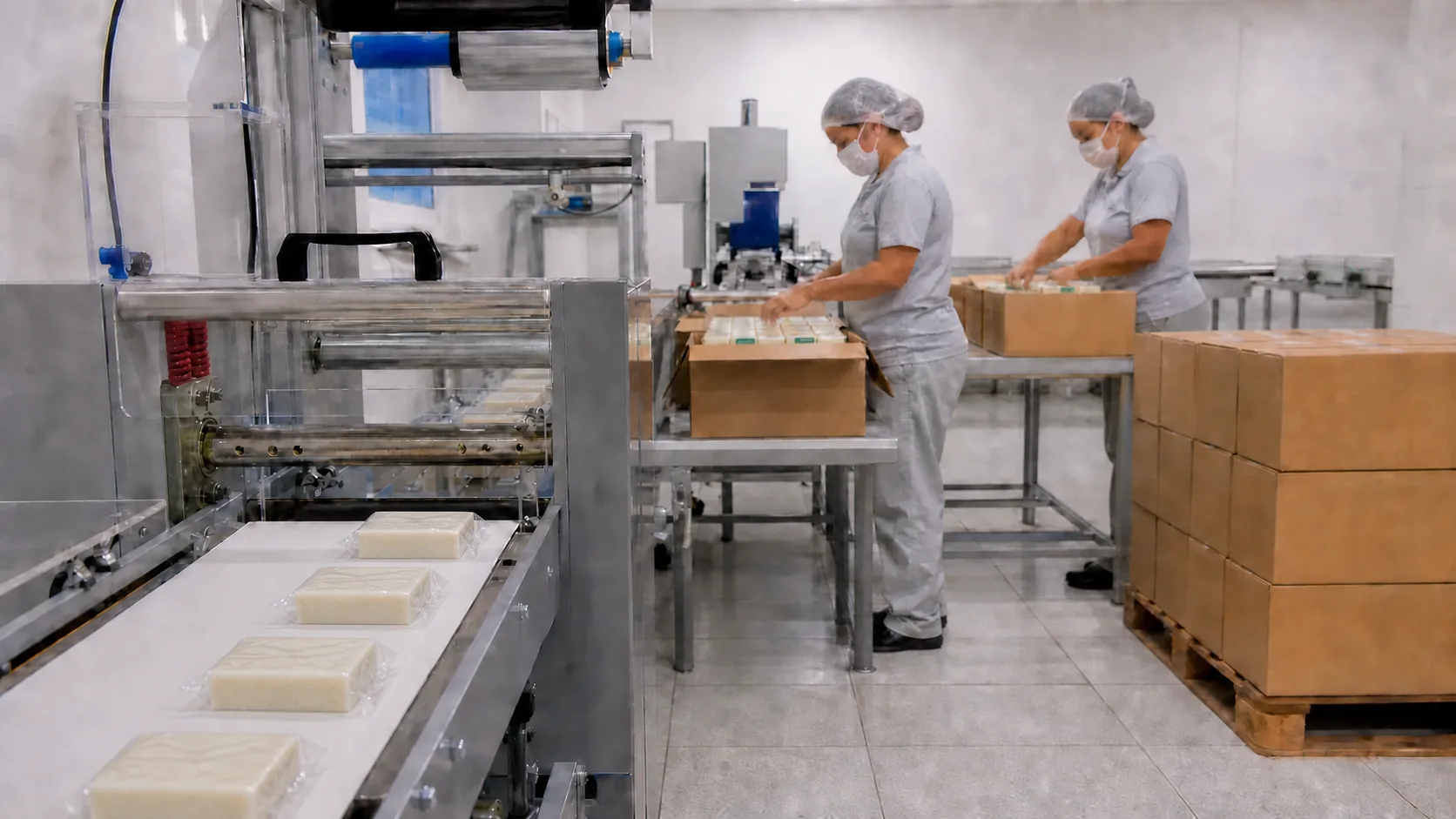 Barras retangulares embaladas seguem pela esteira enquanto operadoras organizam os cartuchos para entrega